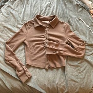 OAK + FORT Beige / Taupe Cropped Button-Up Top